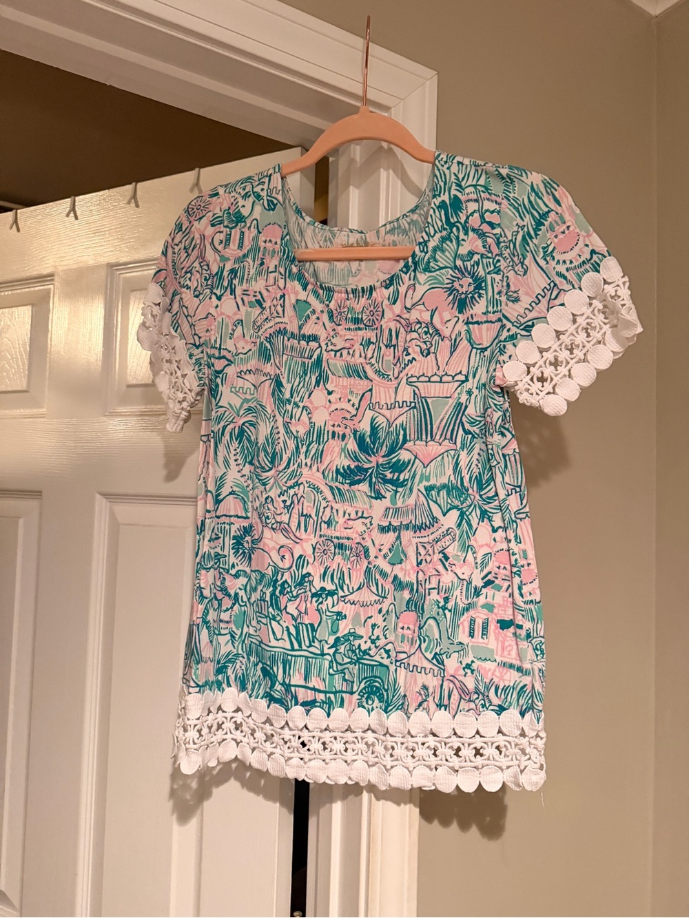 Lilly Pulitzer Pink & Teal Printed Short Sleeve Top with Crochet Trim